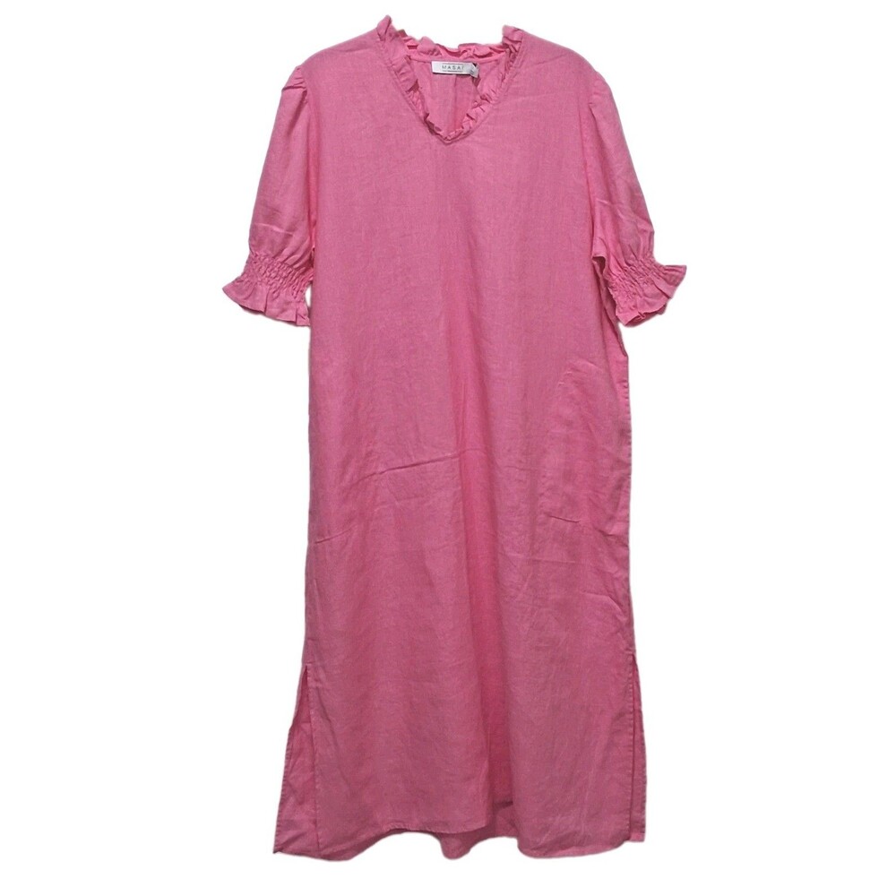 NWT Masai Copenhagen Nydela 100% Linen Shift Dress Azalea Pink Ruffle Size L